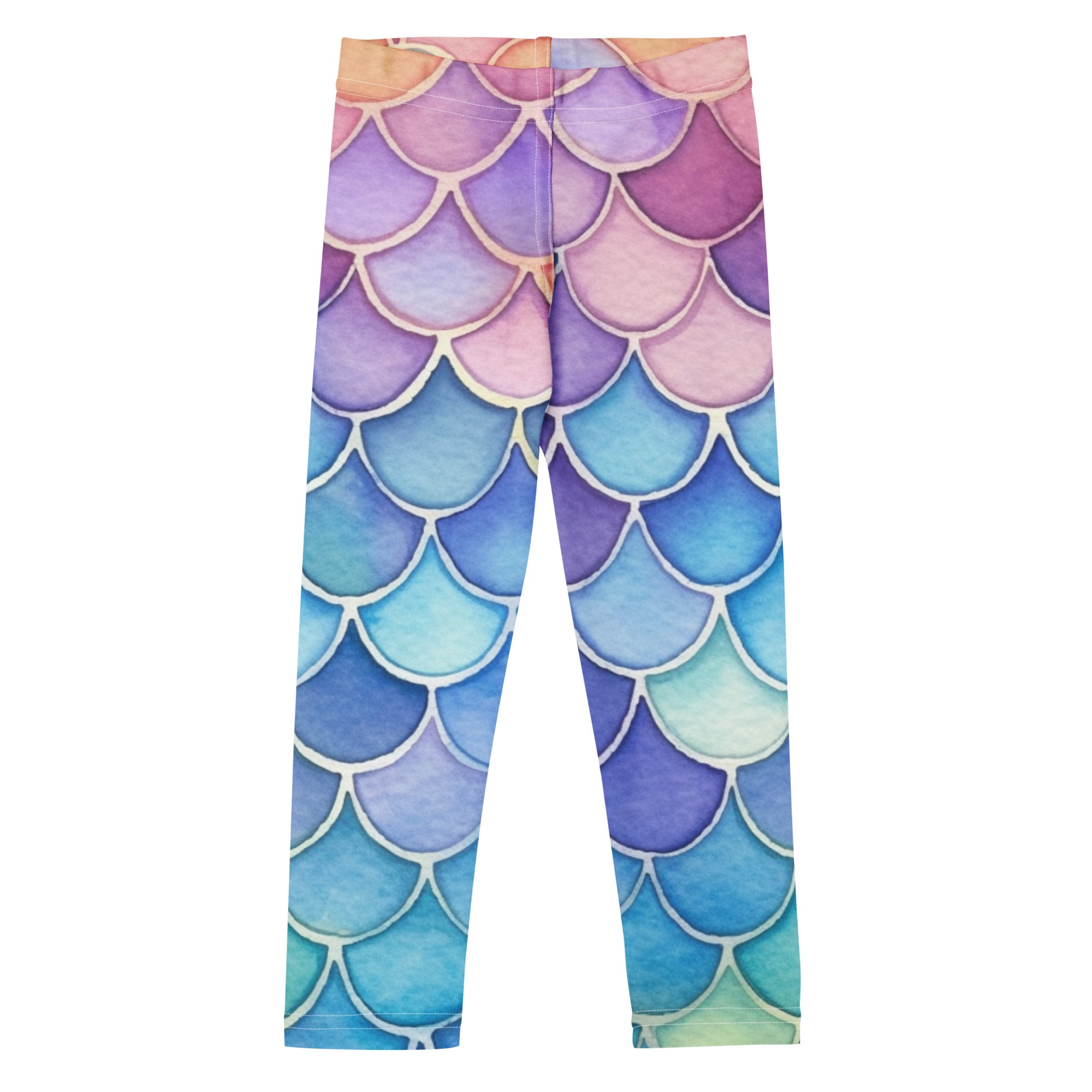 Girls watercolor mermaid buttery soft leggings with mermaid-scale pattern in purple pink and blue hues with white outlines