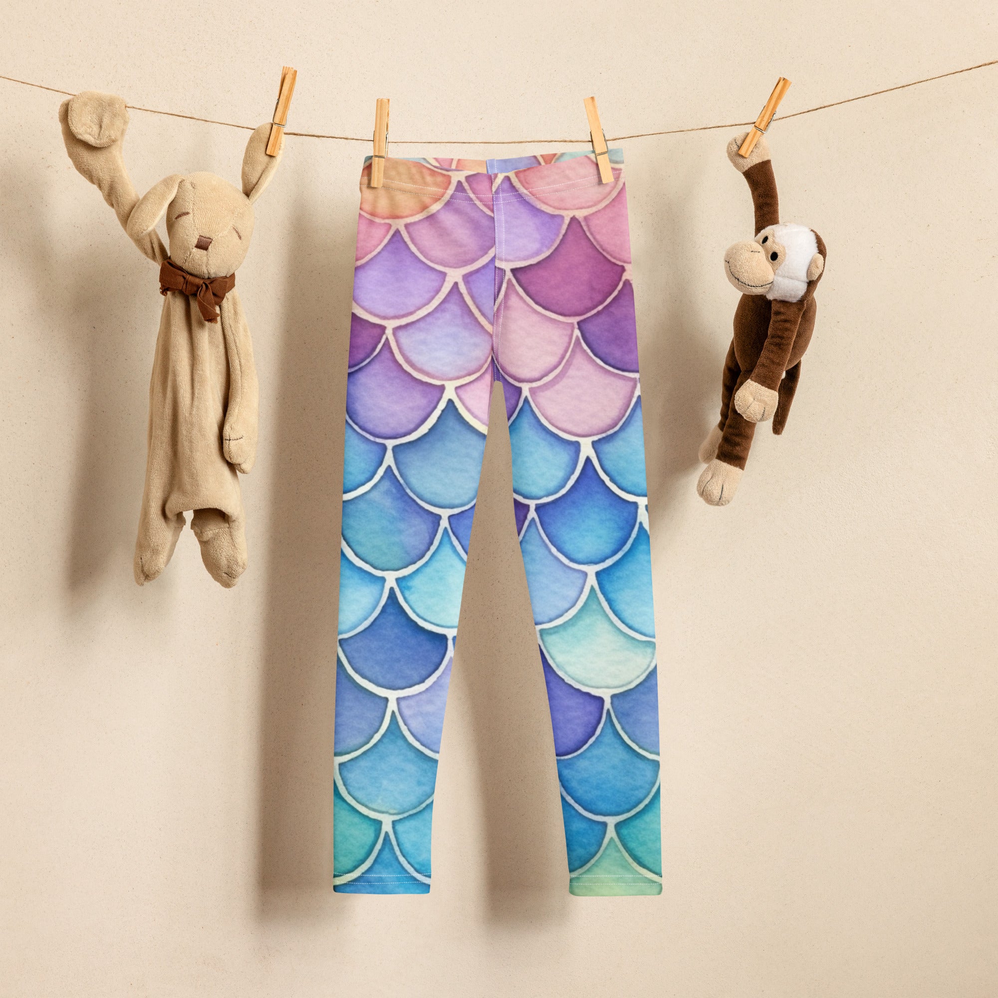 Girls watercolor mermaid buttery soft leggings with a purple blue and teal mermaid scale pattern
