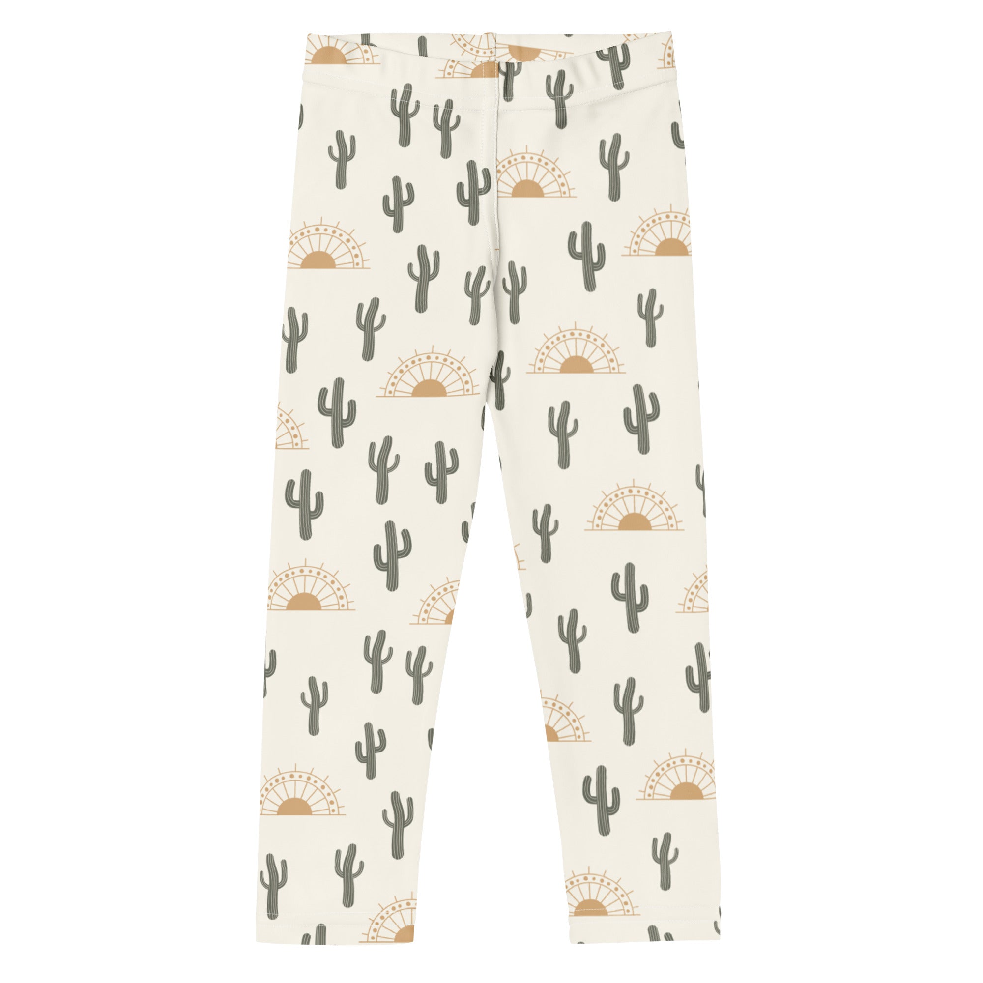 Kids cactus desert sunrise buttery soft cream-colored leggings with gray cactus and tan sunburst pattern