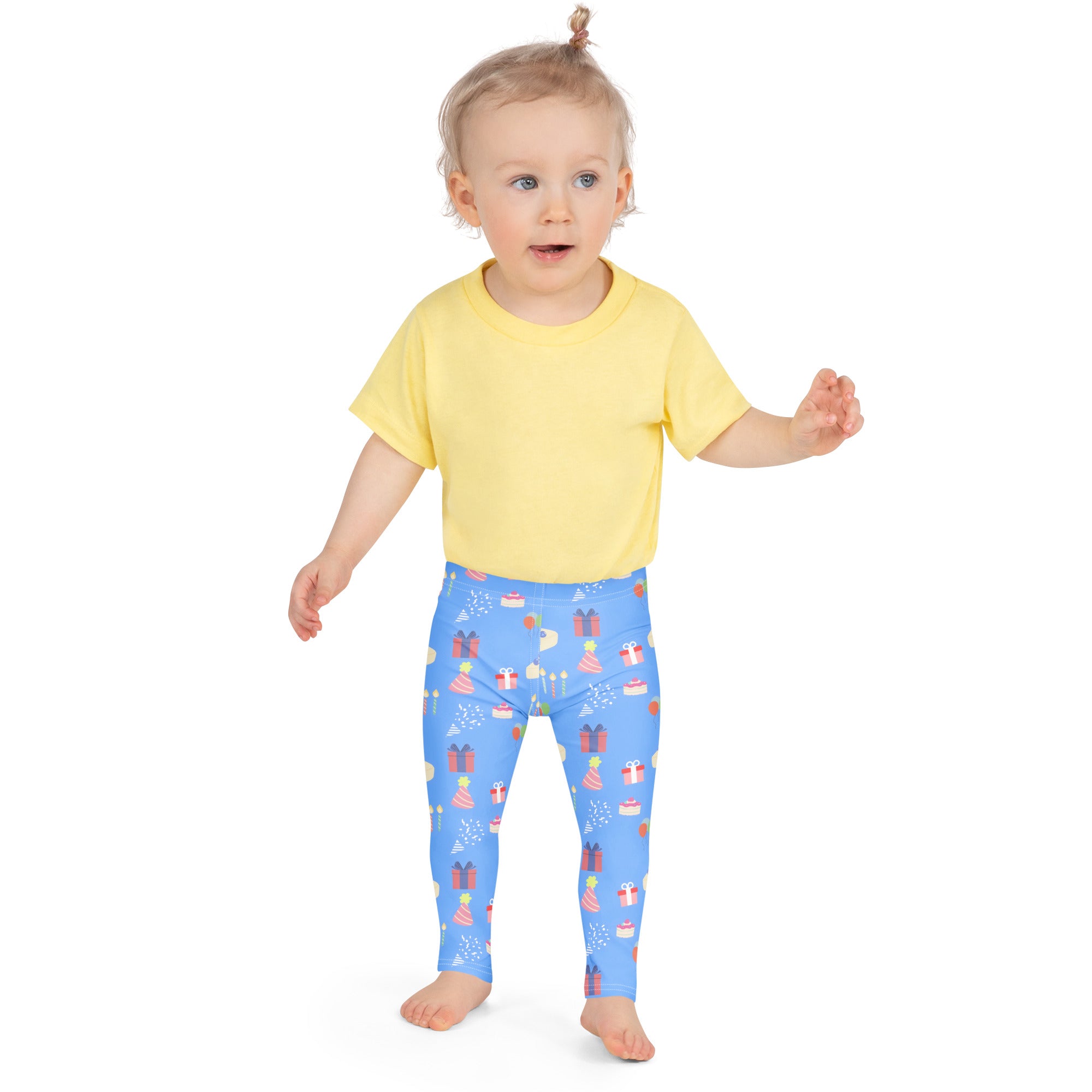 Kids blue birthday pattern buttery soft leggings with playful pink red and white gift cake and party hat design