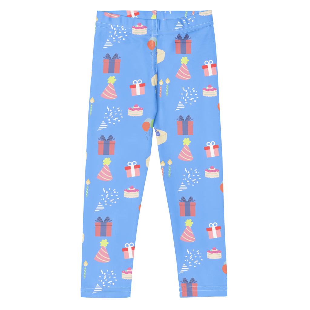 Kids blue birthday pattern buttery soft leggings in light blue with colorful gifts party hats and cakes print