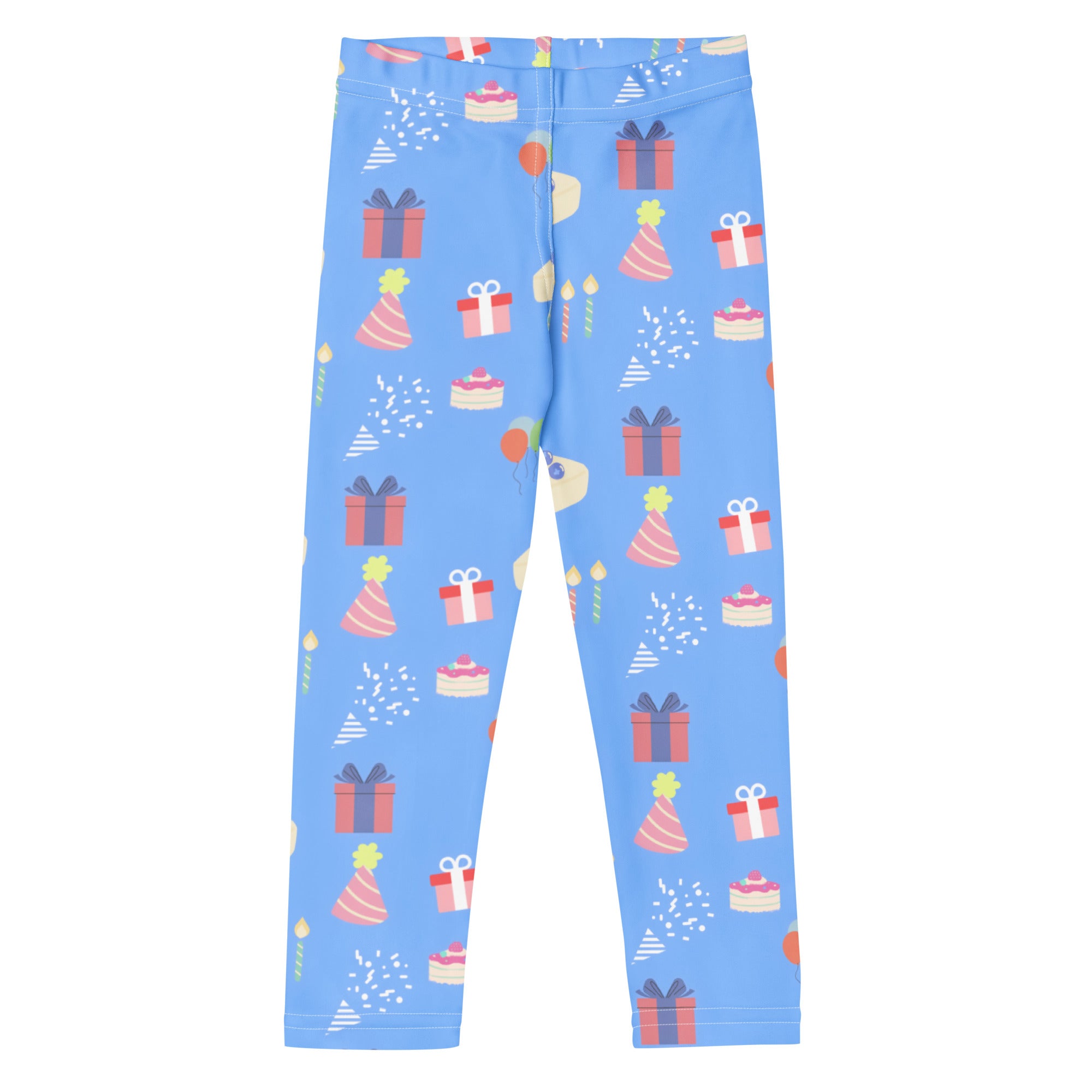 Kids blue birthday pattern buttery soft leggings in light blue with colorful gifts party hats and cakes print