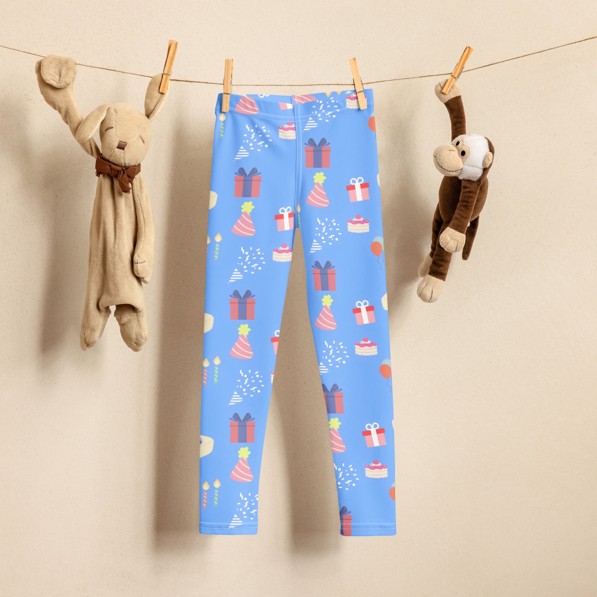 Kids blue birthday pattern buttery soft leggings with colorful gift boxes party hats and cakes playful design