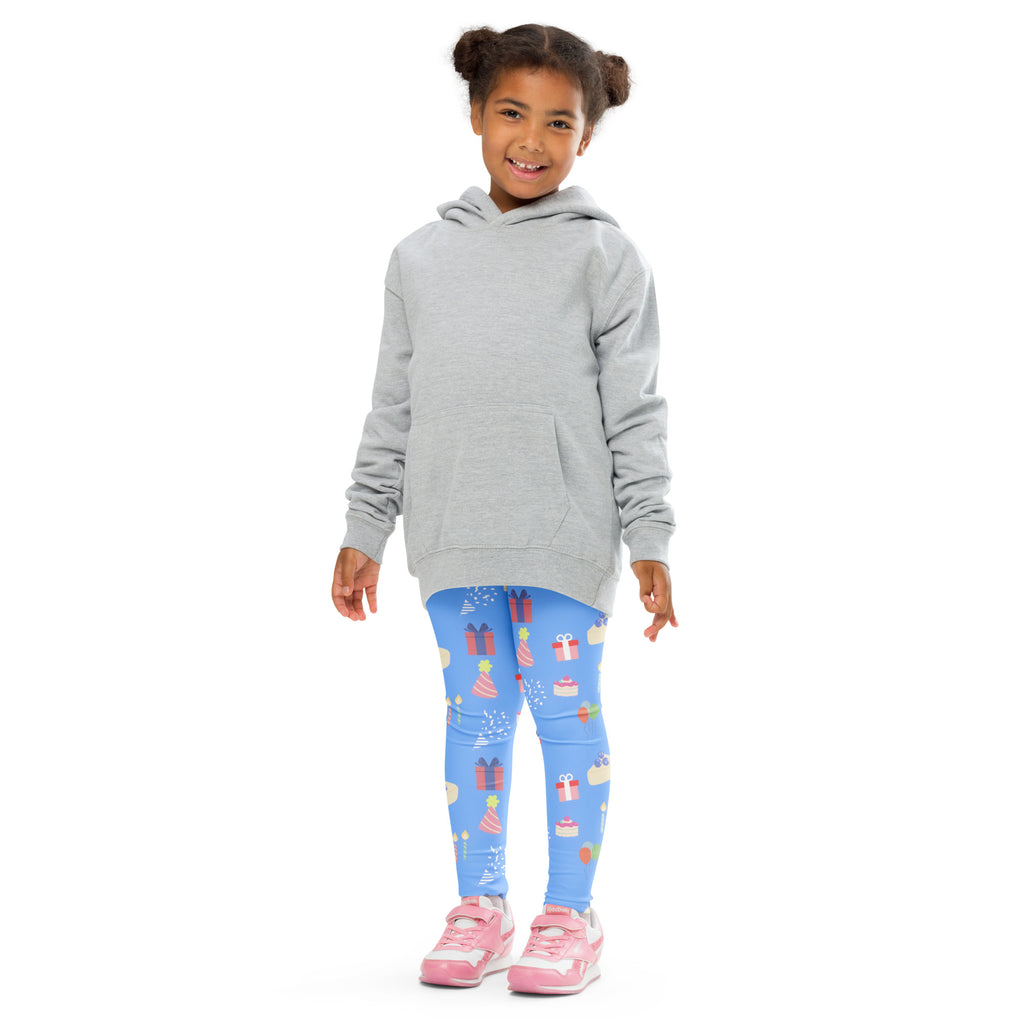 Gray hooded sweatshirt with long sleeves and front pocket worn over kids blue birthday pattern buttery soft leggings