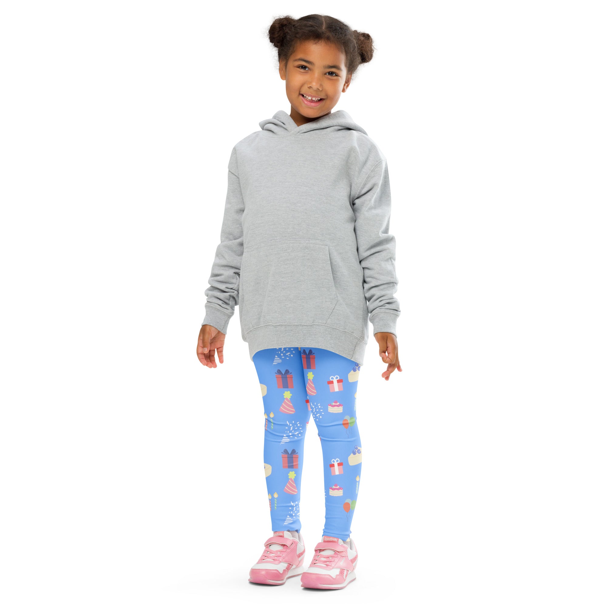 Gray hooded sweatshirt with long sleeves and front pocket worn over kids blue birthday pattern buttery soft leggings
