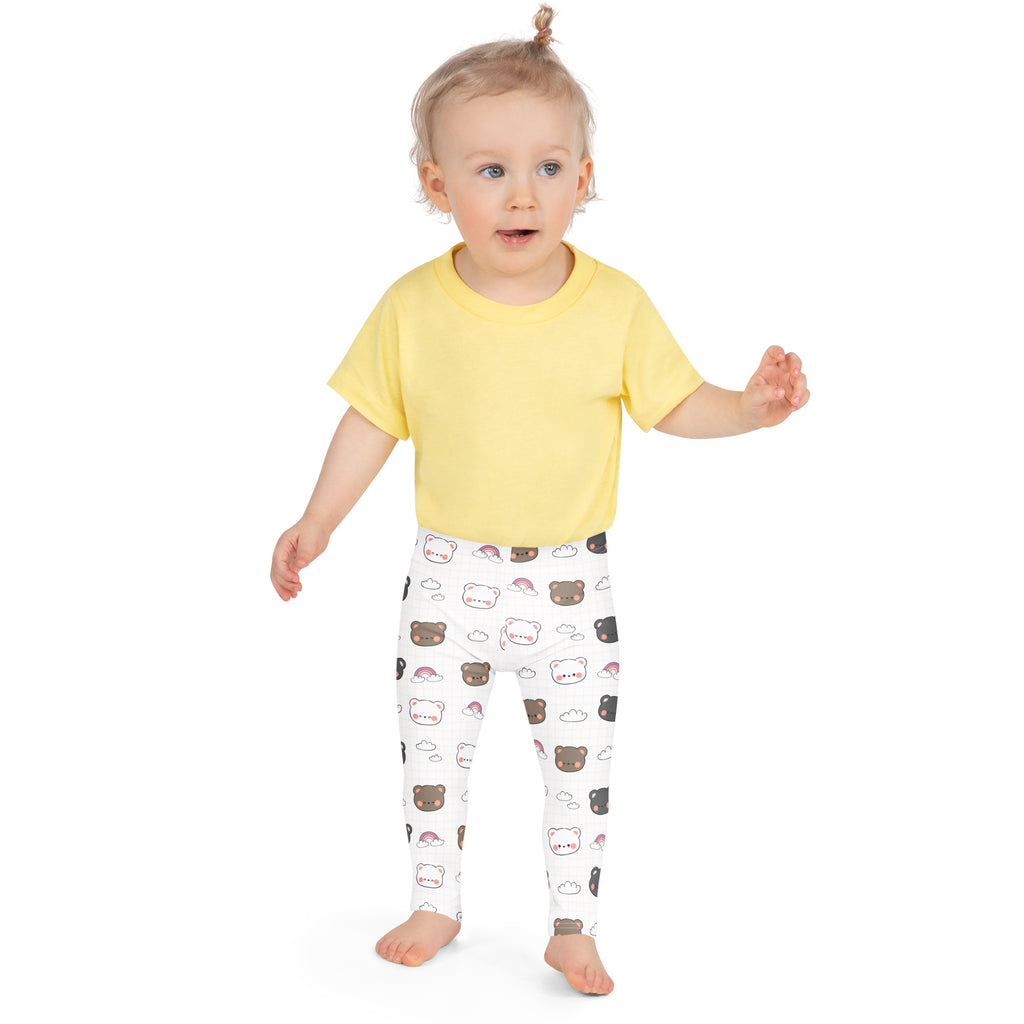 Girls kawaii bear rainbow buttery soft white leggings with colorful cartoon bear pattern and playful expressions