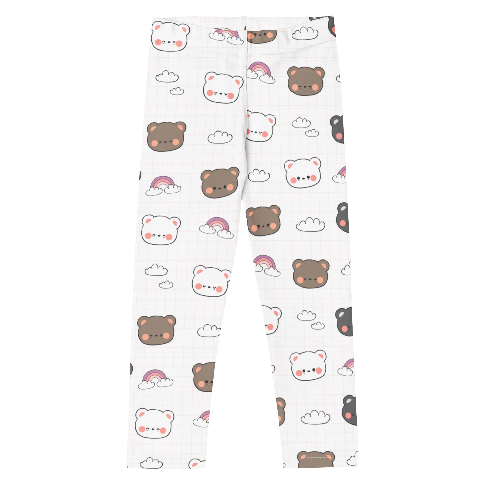 White girls kawaii bear rainbow leggings featuring playful brown and white cartoon bears with pink cheeks on soft fabric