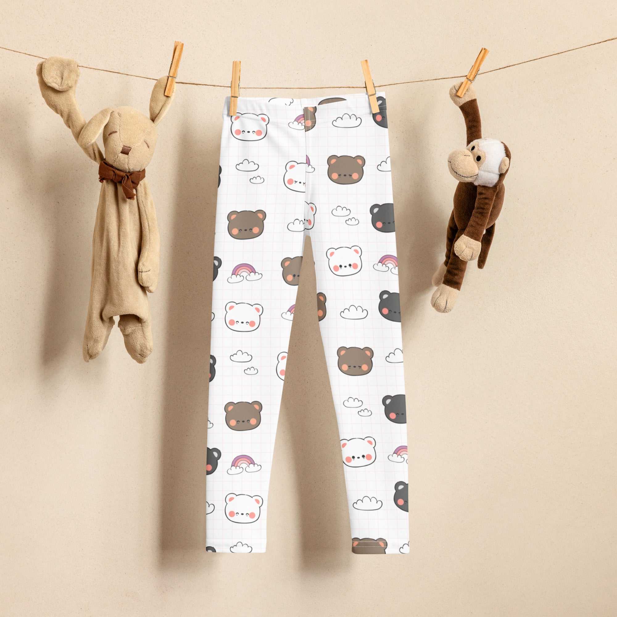 Girls kawaii bear rainbow buttery soft white leggings with playful brown pink and gray cartoon bear and cloud pattern