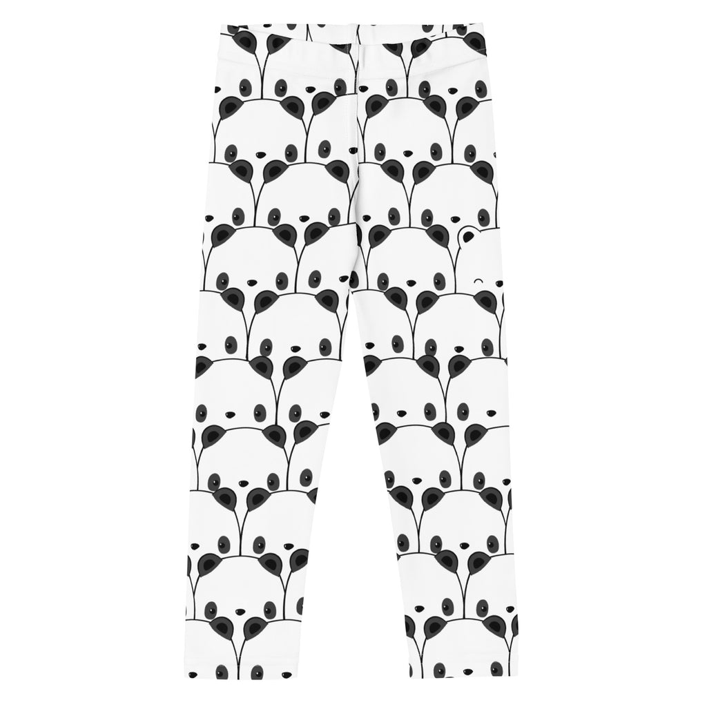 Kids black and white panda buttery soft leggings in white with a repeating black panda face pattern