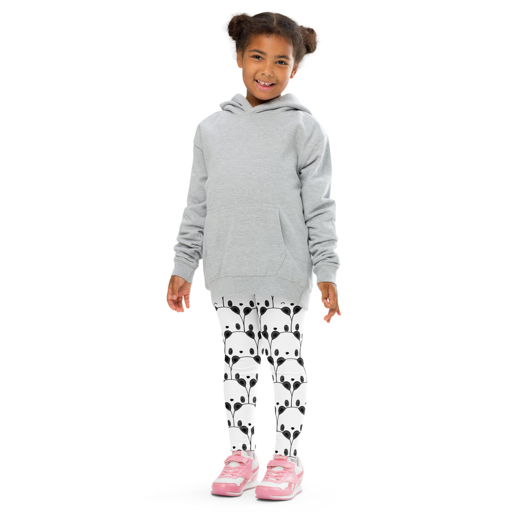 Gray hooded sweatshirt with front pocket and long sleeves paired with kids black and white panda buttery soft leggings