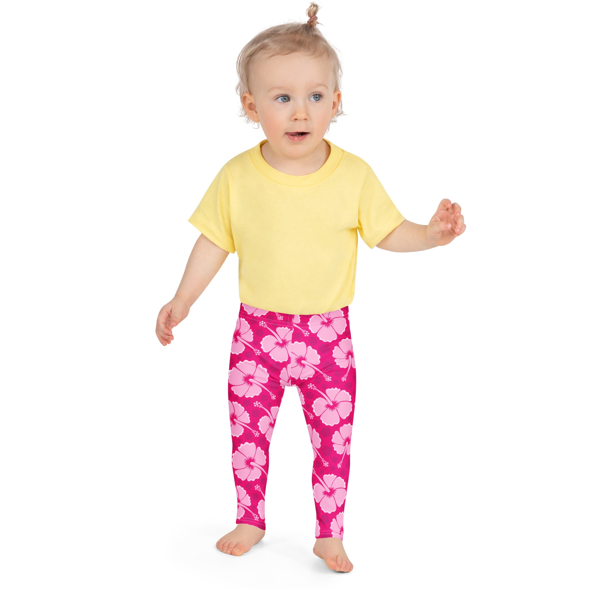 Girls tropical pink hibiscus buttery soft leggings featuring a vibrant pink floral print and soft comfortable fabric
