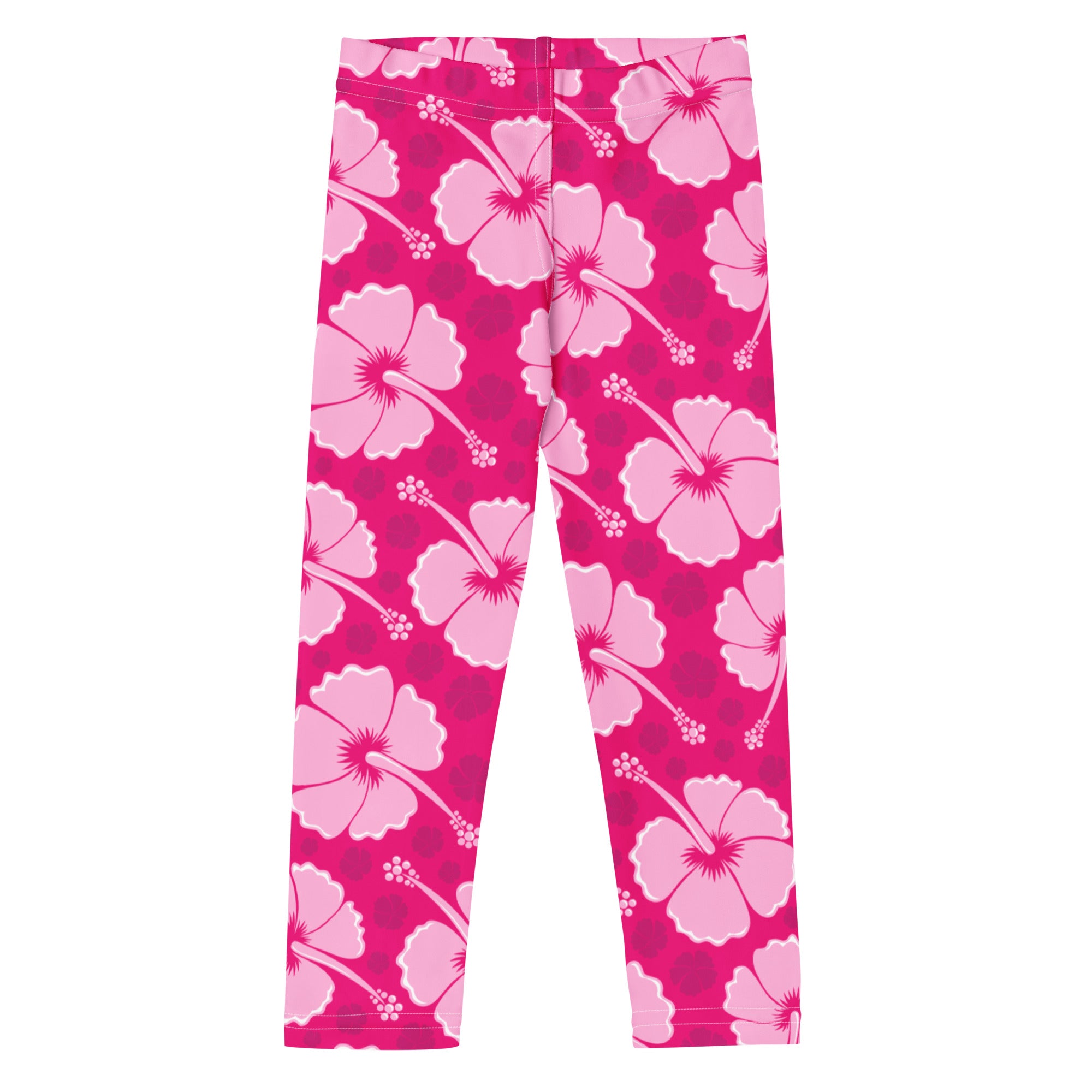 Girls tropical pink hibiscus buttery soft leggings with vibrant fuchsia background and lighter pink floral design