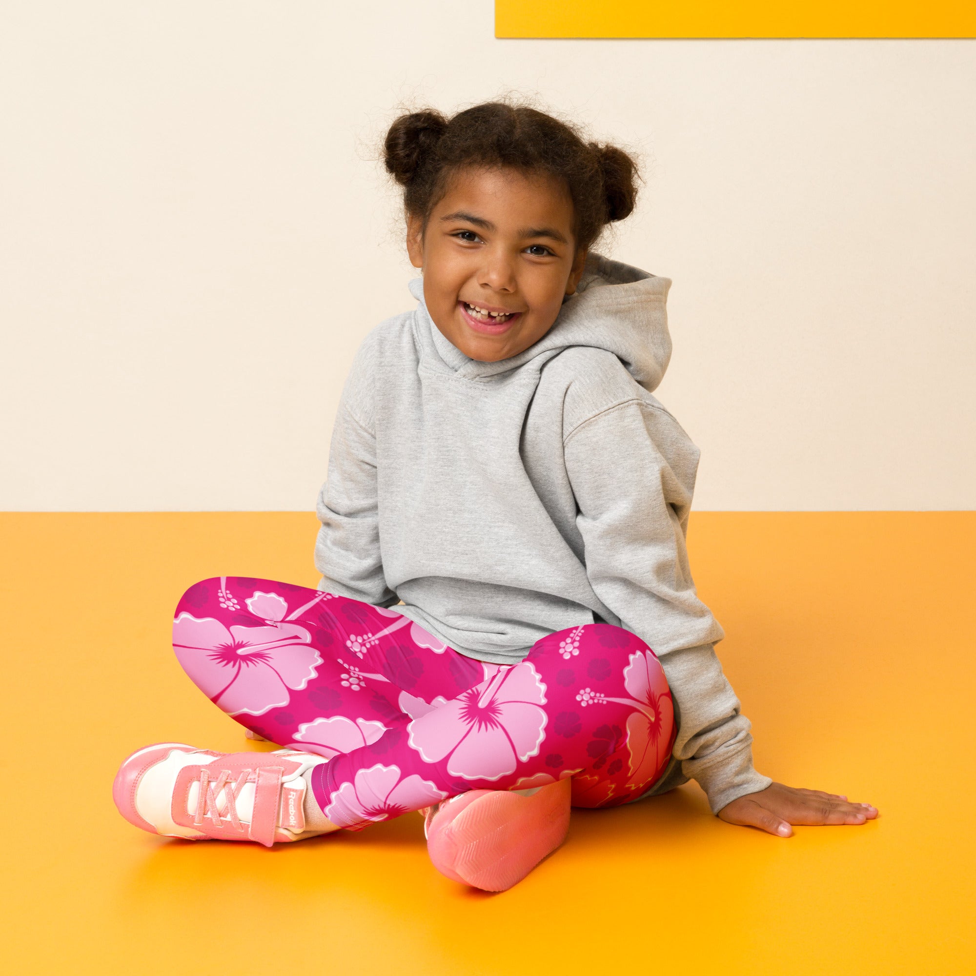 Girls tropical pink hibiscus buttery soft leggings featuring vibrant floral print perfect for casual wear