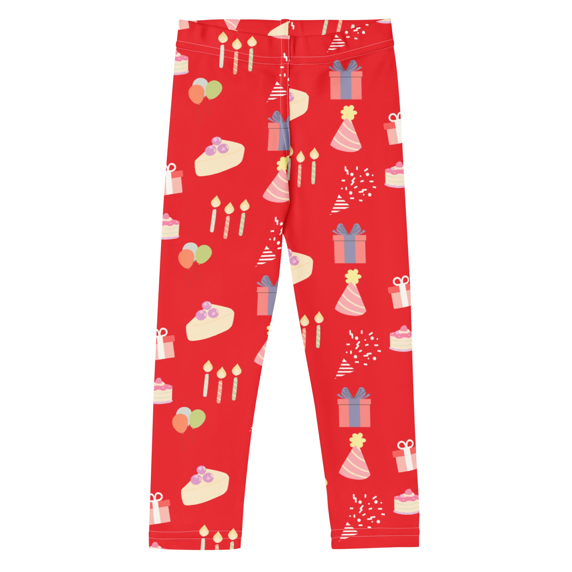 Kids red birthday pattern buttery soft leggings with playful cakes candles party hats and gifts illustrations