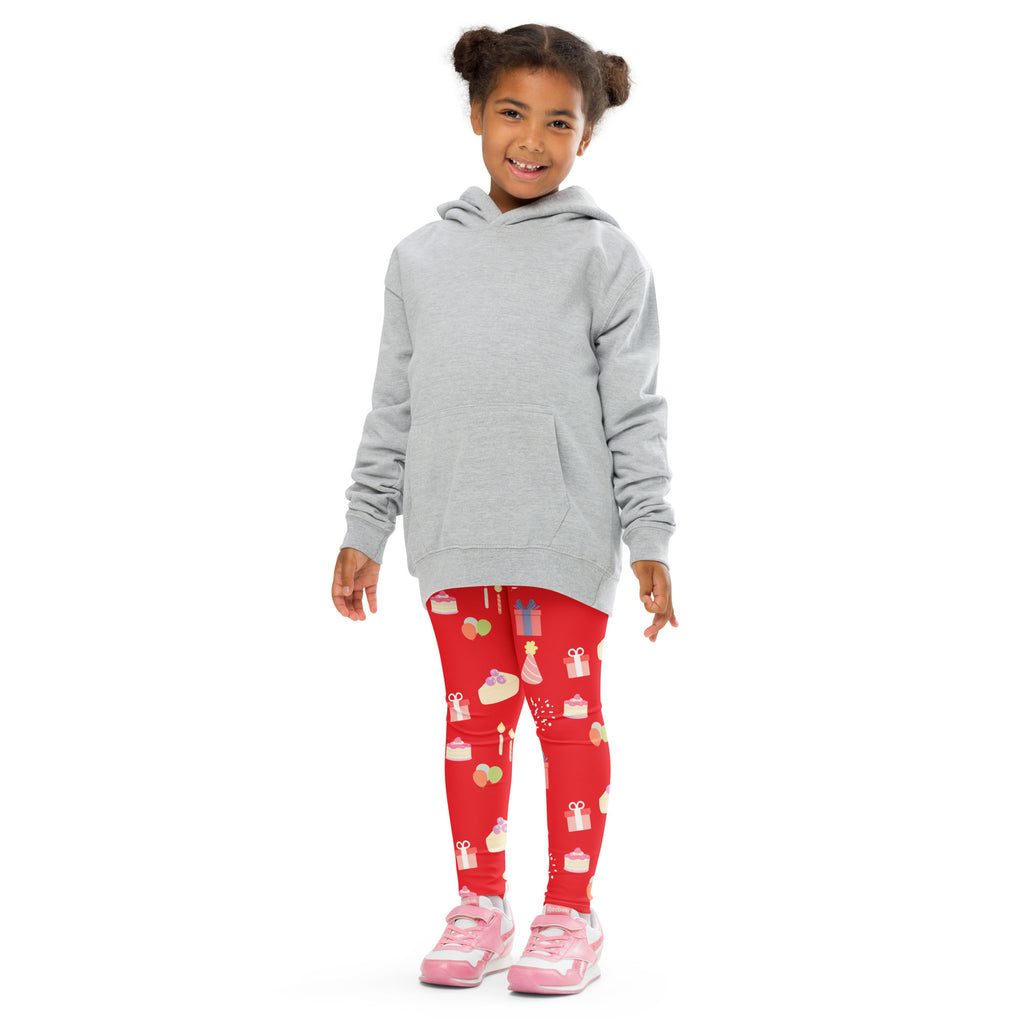 Gray hooded sweatshirt with long sleeves and front pocket worn over kids red birthday pattern buttery soft leggings