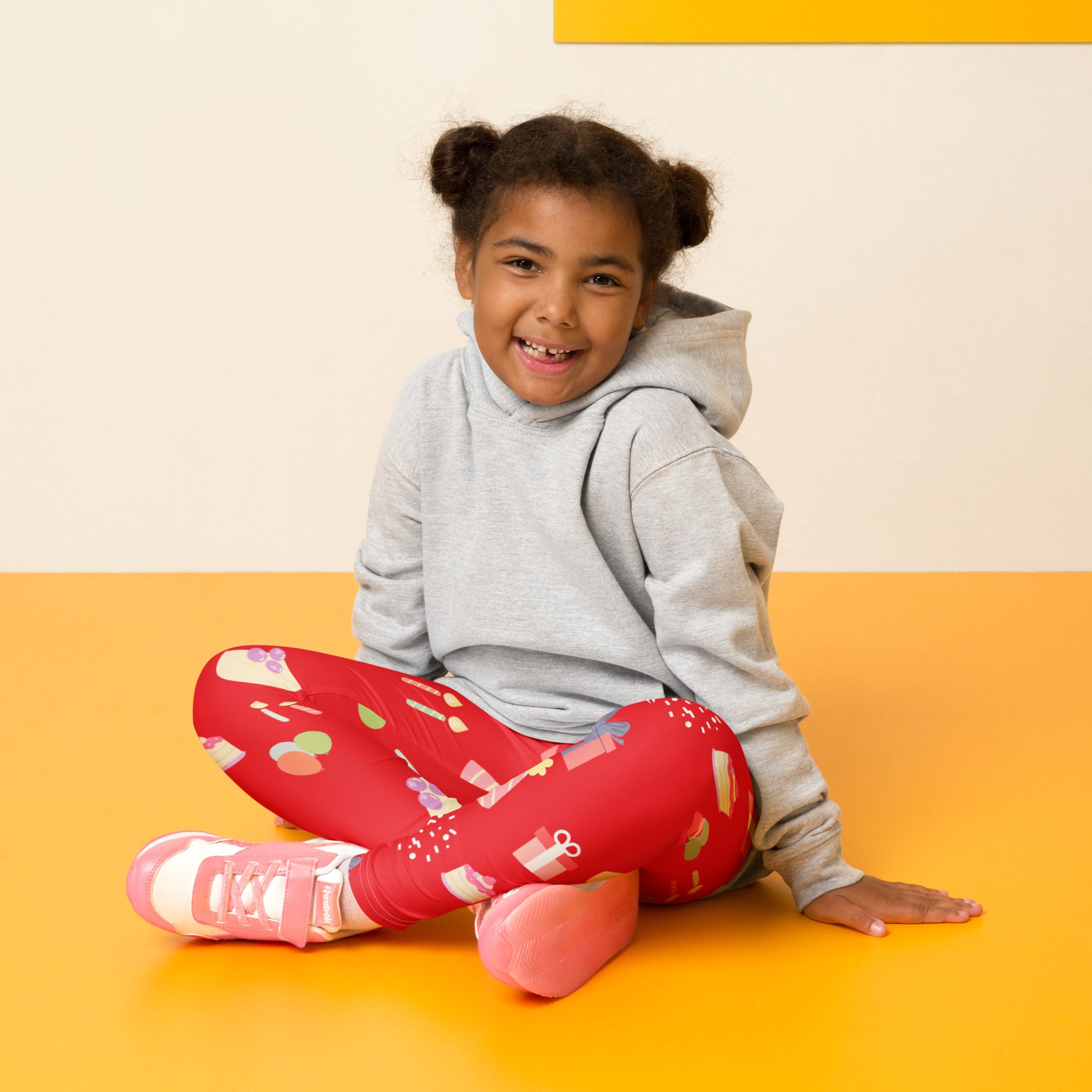 Kids red birthday pattern buttery soft leggings with colorful gift boxes bows and candies in pastel hues