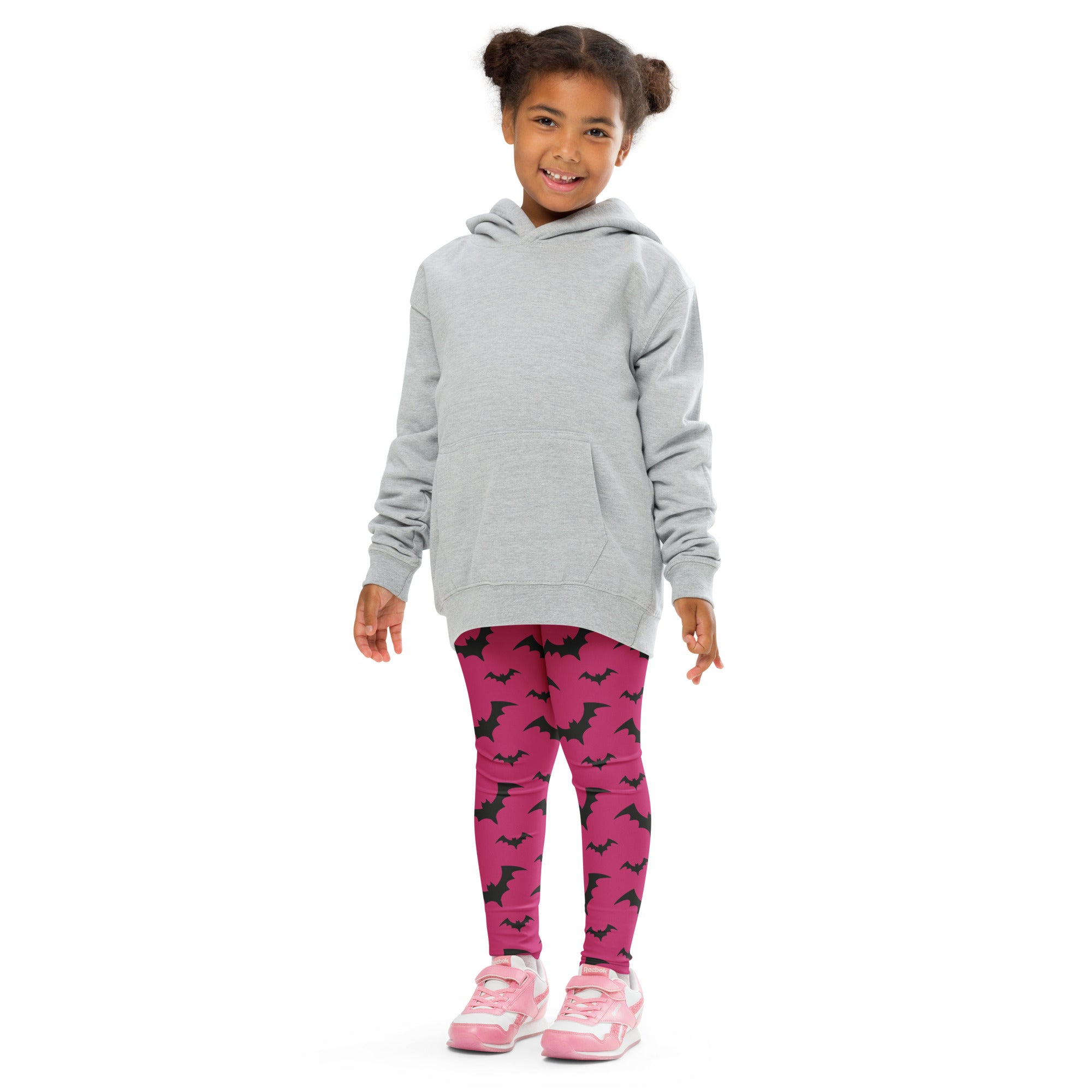 Gray hooded sweatshirt with front pocket and long sleeves paired with kids pink bats halloween buttery soft leggings