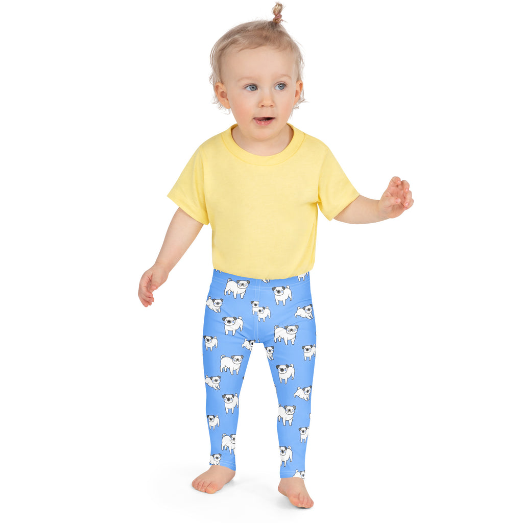 Kids blue buttery soft leggings with a playful white pug dog pattern perfect for everyday wear