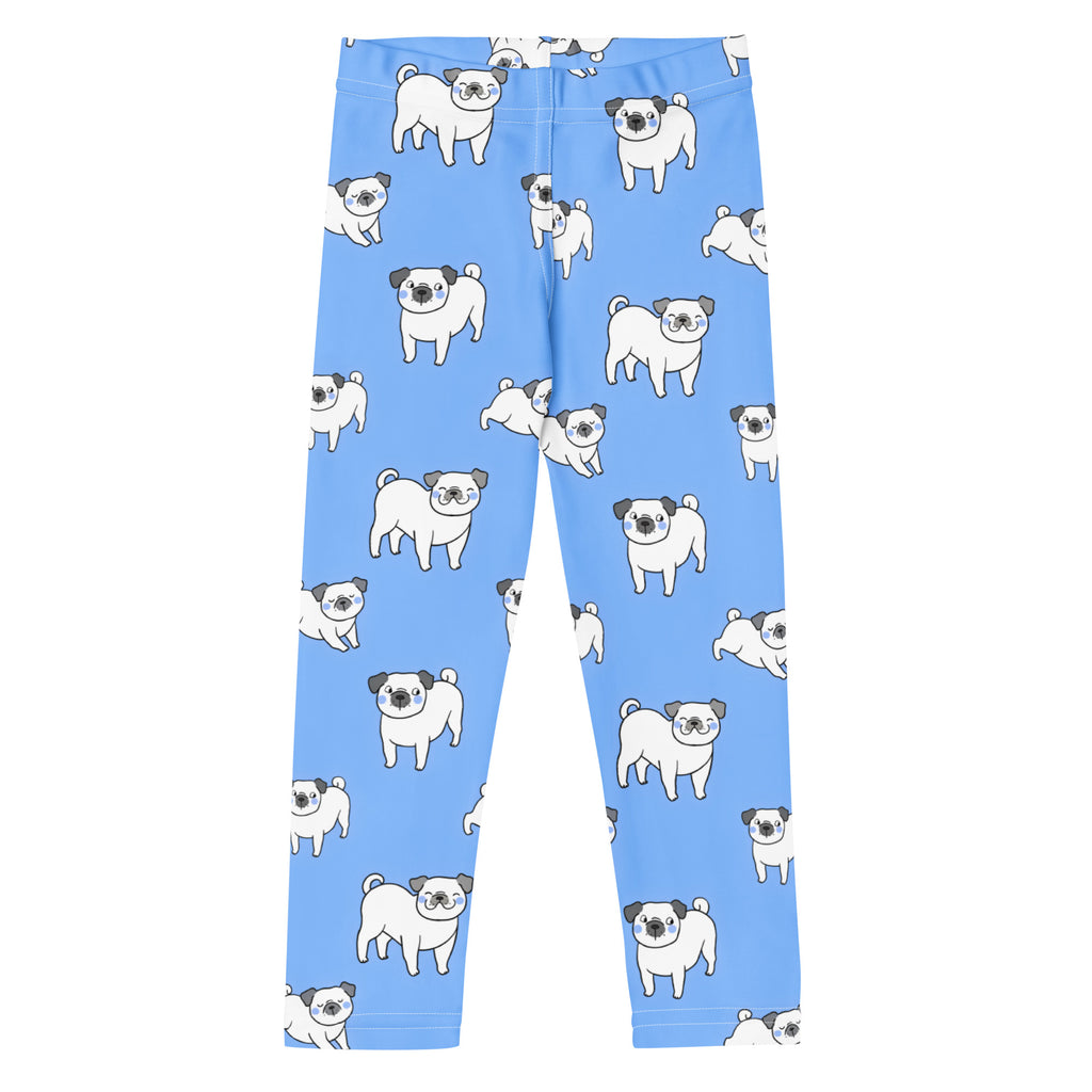 Kids blue pug buttery soft leggings in light blue with a playful white pug dog pattern featuring black ears and noses