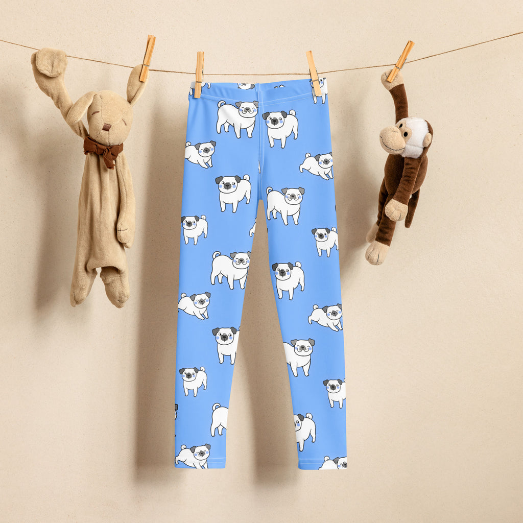 Kids blue leggings with a playful white pug pattern made of buttery soft fabric perfect for everyday wear