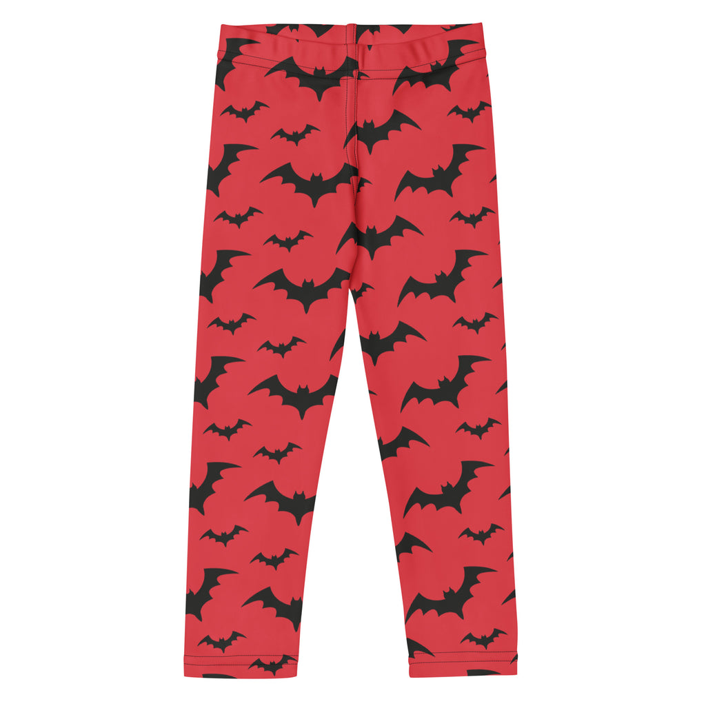 Kids red bats halloween buttery soft leggings with a repeating black bat silhouette pattern on red fabric