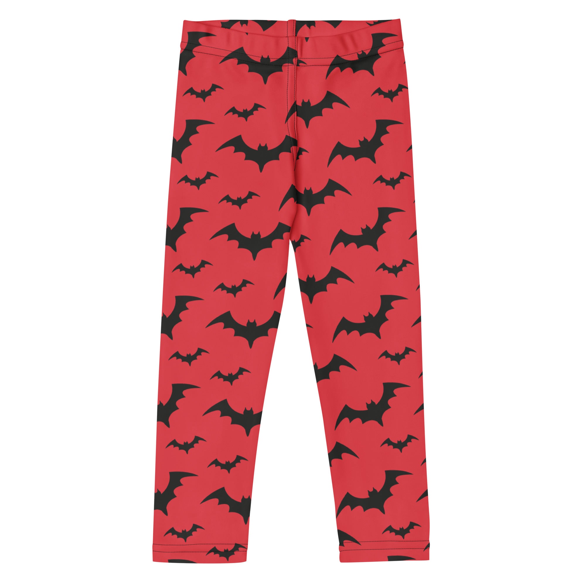 Kids red bats halloween buttery soft leggings with a repeating black bat silhouette pattern on red fabric