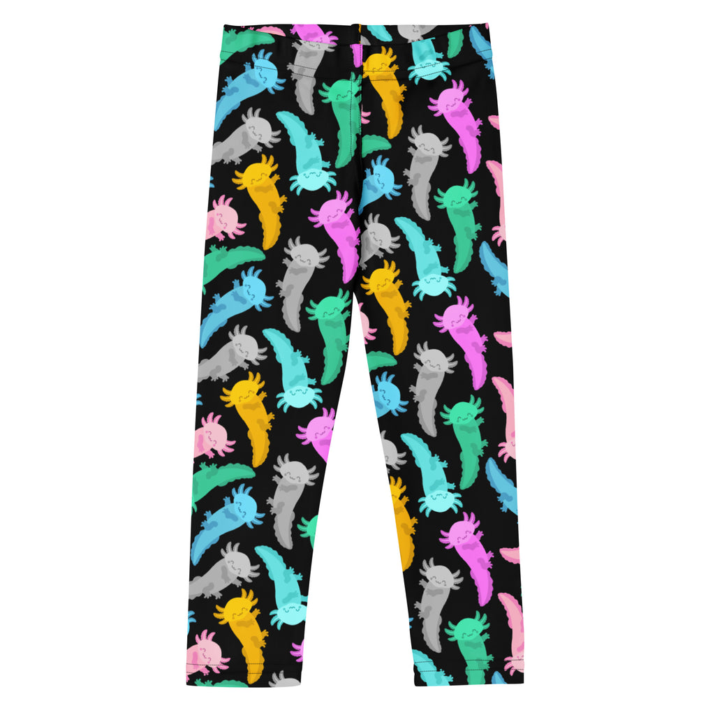 Kids colorful axolotl buttery soft black leggings with vibrant pastel and neon cartoon axolotl pattern
