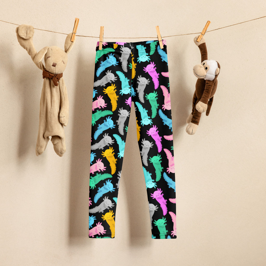 Kids colorful axolotl buttery soft black leggings with vibrant pink blue green yellow and gray axolotl illustrations