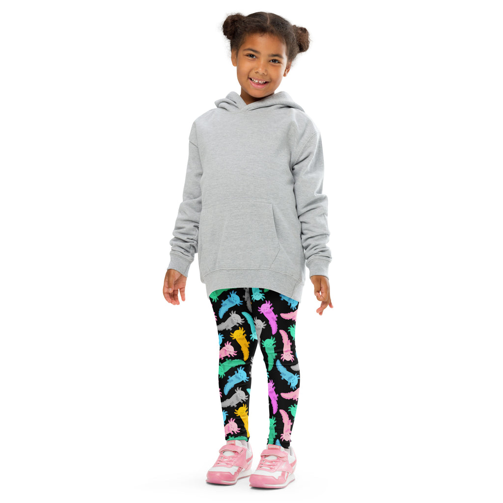 Gray hooded sweatshirt with long sleeves and front pocket paired with kids colorful axolotl buttery soft leggings