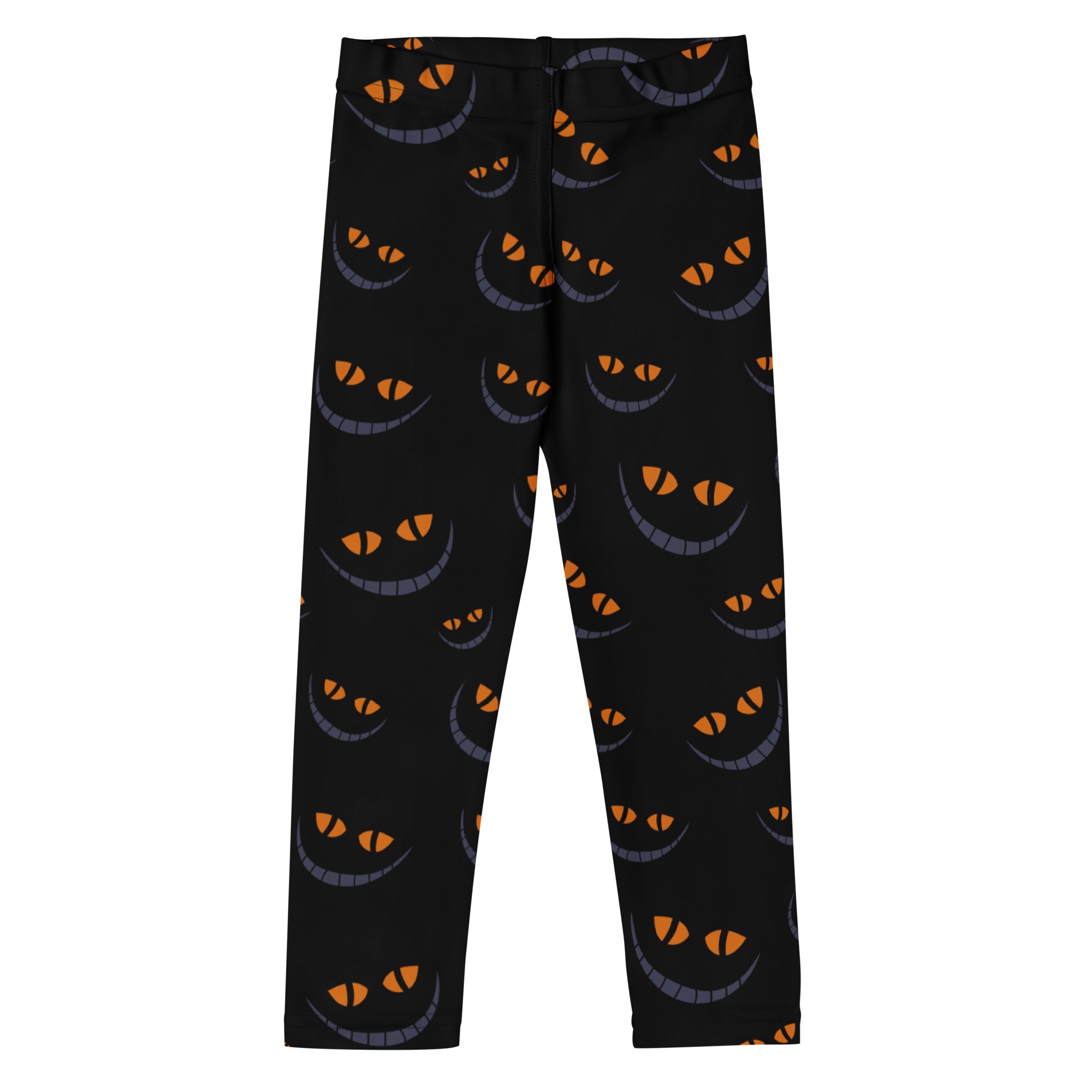 Black buttery soft kids leggings with playful orange and gray grinning cat faces for halloween