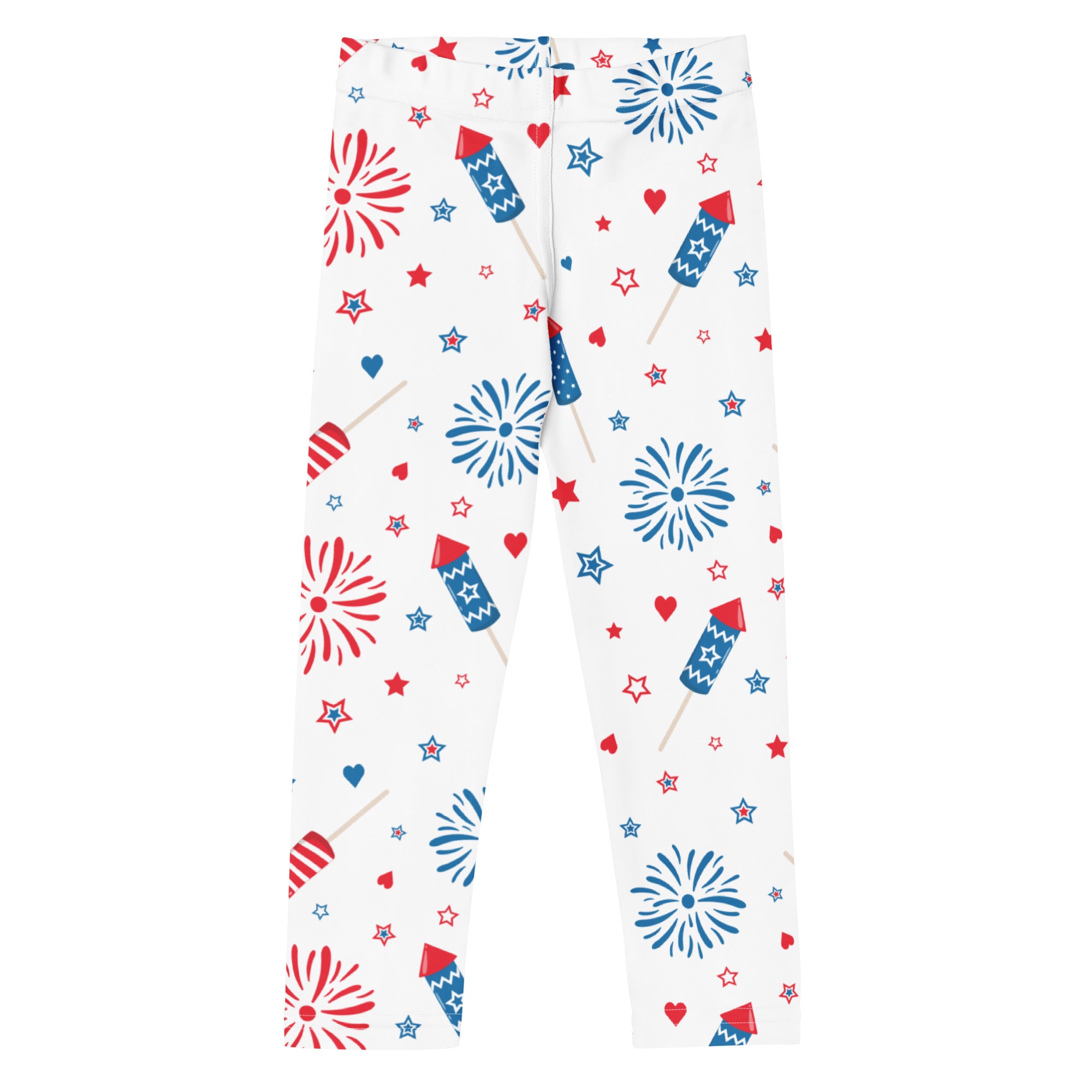 White buttery soft kids leggings with red and blue fireworks stars and hearts festive patriotic pattern
