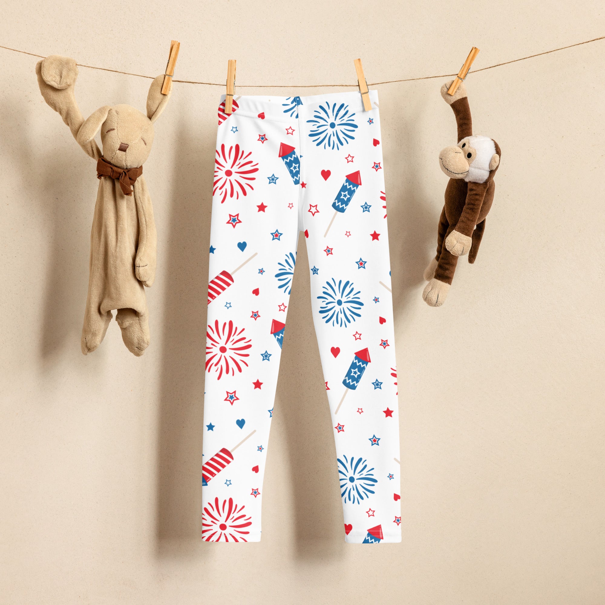 Kids patriotic fireworks and rockets buttery soft white leggings with red white and blue festive pattern