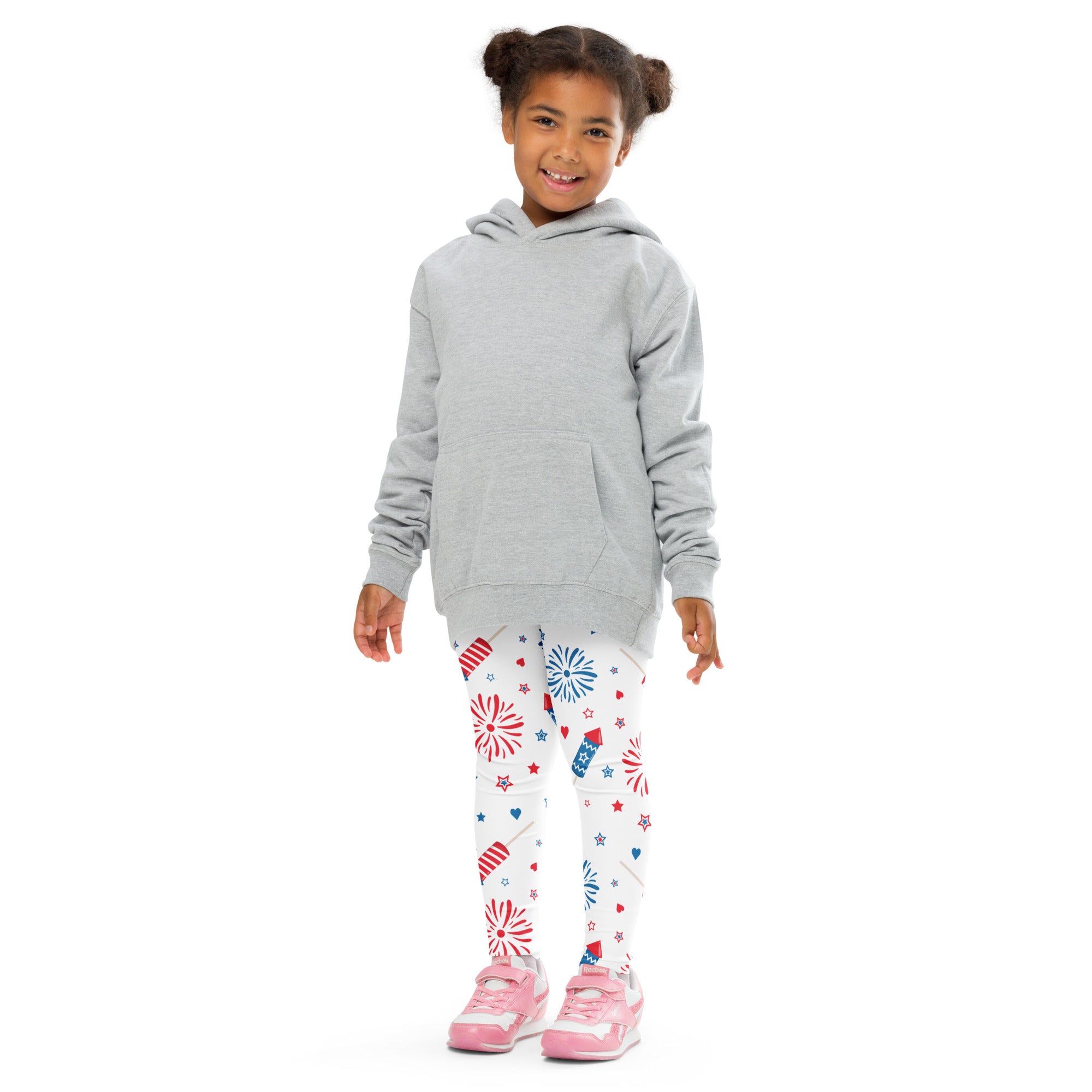 Gray hooded sweatshirt with front pocket and long sleeves paired with kids patriotic fireworks and rockets leggings