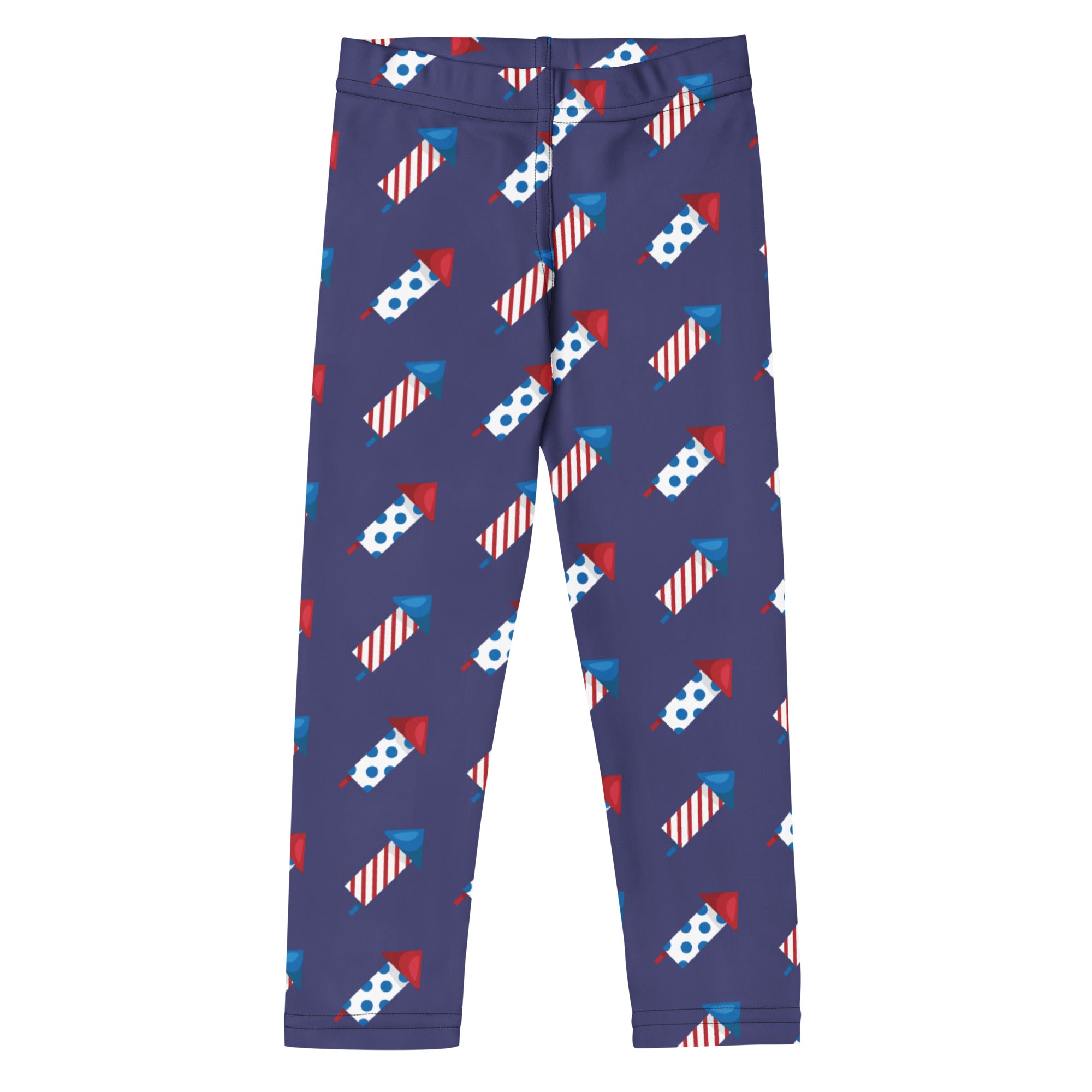 Purple kids firework rocket buttery soft leggings with a playful red white and blue fireworks pattern