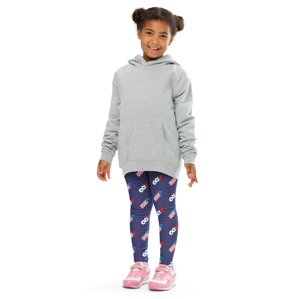 Gray hooded sweatshirt with long sleeves and front pocket paired with kids firework rocket buttery soft leggings