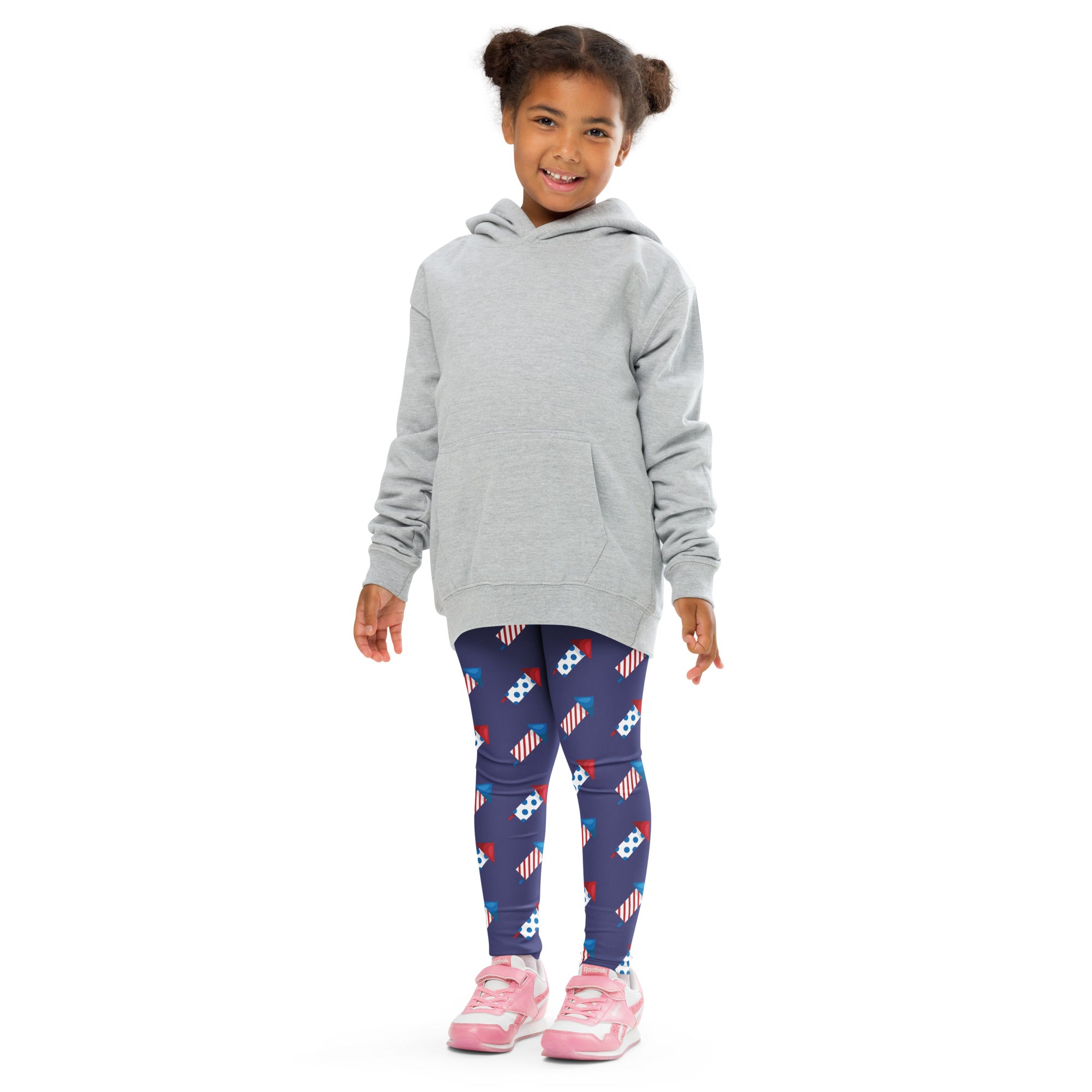 Gray hooded sweatshirt with long sleeves and front pocket paired with kids firework rocket buttery soft leggings