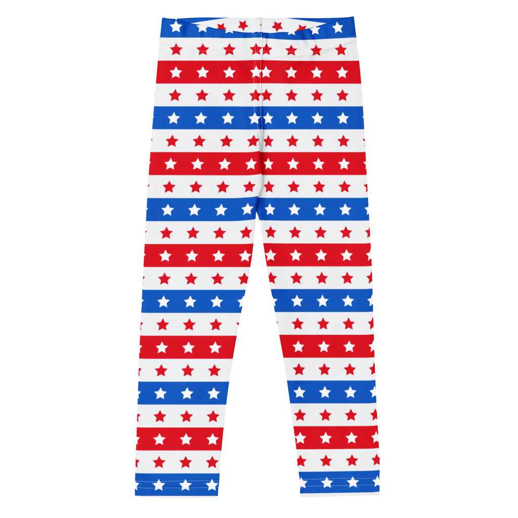 Kids red white and blue stars and stripes buttery soft leggings with red white and blue striped star patterns