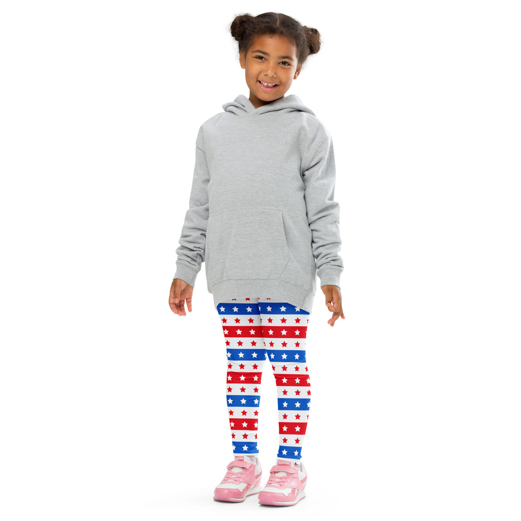 Gray hooded sweatshirt with long sleeves and front pocket worn over kids red white and blue stars and stripes buttery soft leggings
