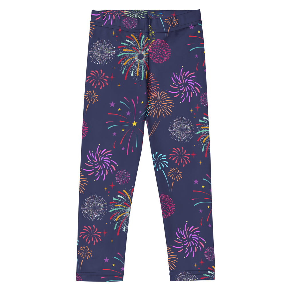 Girls fireworks buttery soft leggings in navy blue with vibrant pink purple teal and gold fireworks pattern