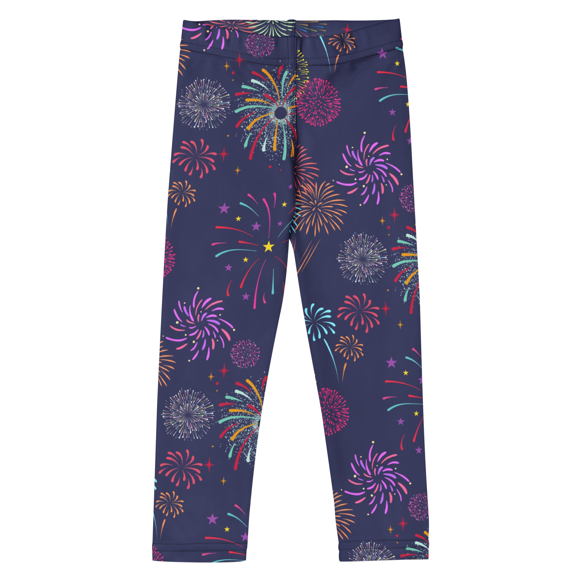 Girls fireworks buttery soft leggings in navy blue with vibrant pink purple teal and gold fireworks pattern