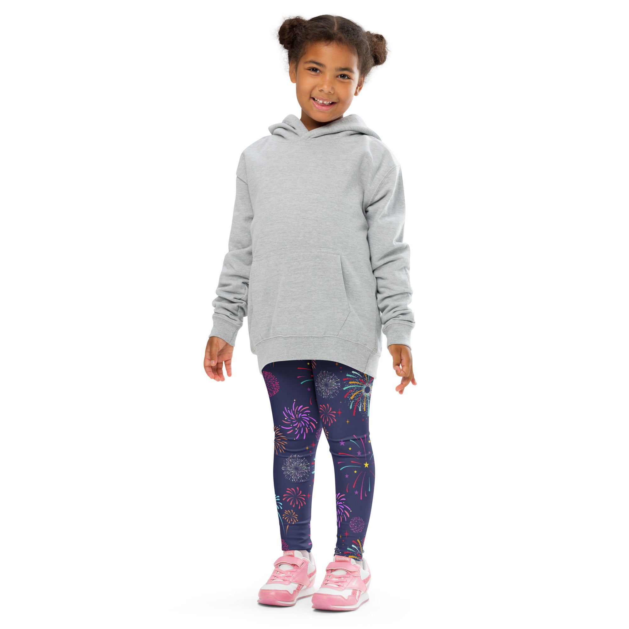 Gray hooded sweatshirt with front pocket and long sleeves paired with girls fireworks buttery soft leggings