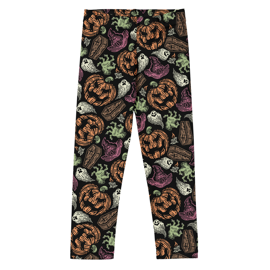 Kids creepy halloween buttery soft black leggings with vibrant orange jack o lanterns purple witch hats green ghosts and tombstones