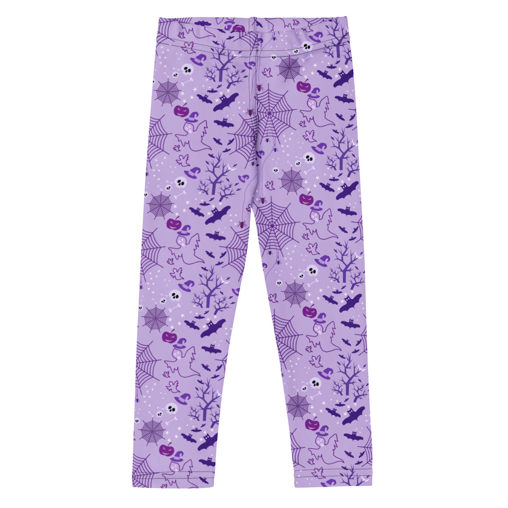 Kids purple halloween buttery soft leggings with spiders bats ghosts and pumpkins pattern in darker purple hues