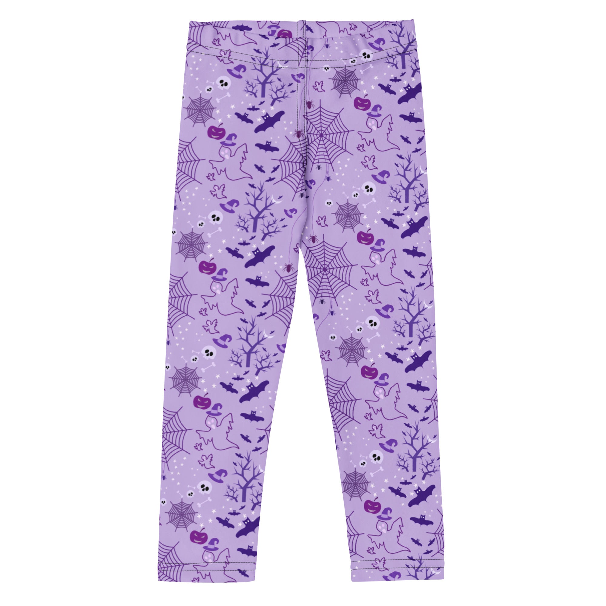 Kids purple halloween buttery soft leggings with spiders bats ghosts and pumpkins pattern in darker purple hues