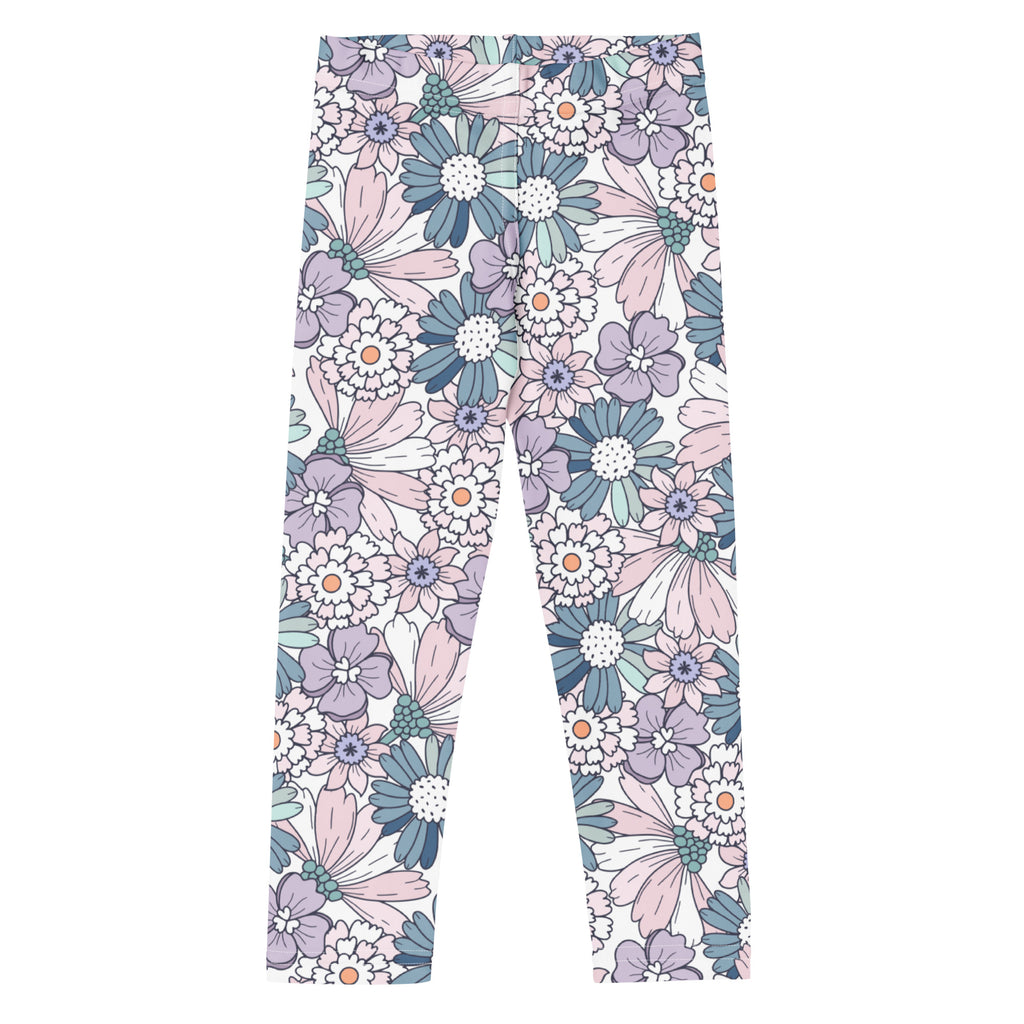 Girls pastel purple floral buttery soft leggings with vibrant pink lavender and teal blossoms on a white background