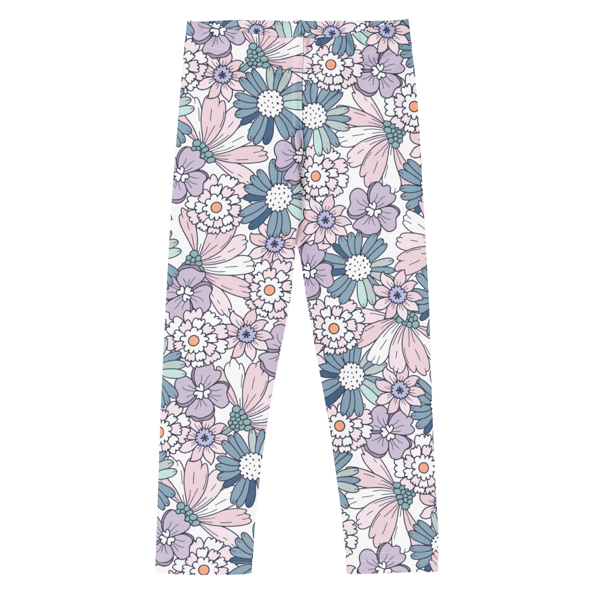 Girls pastel purple floral buttery soft leggings with vibrant pink lavender and teal blossoms on a white background