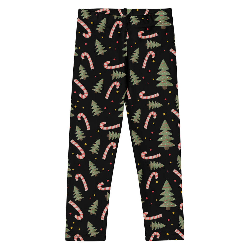 Kids christmas candy canes and trees buttery soft black leggings with festive pink striped candy canes and green pine trees