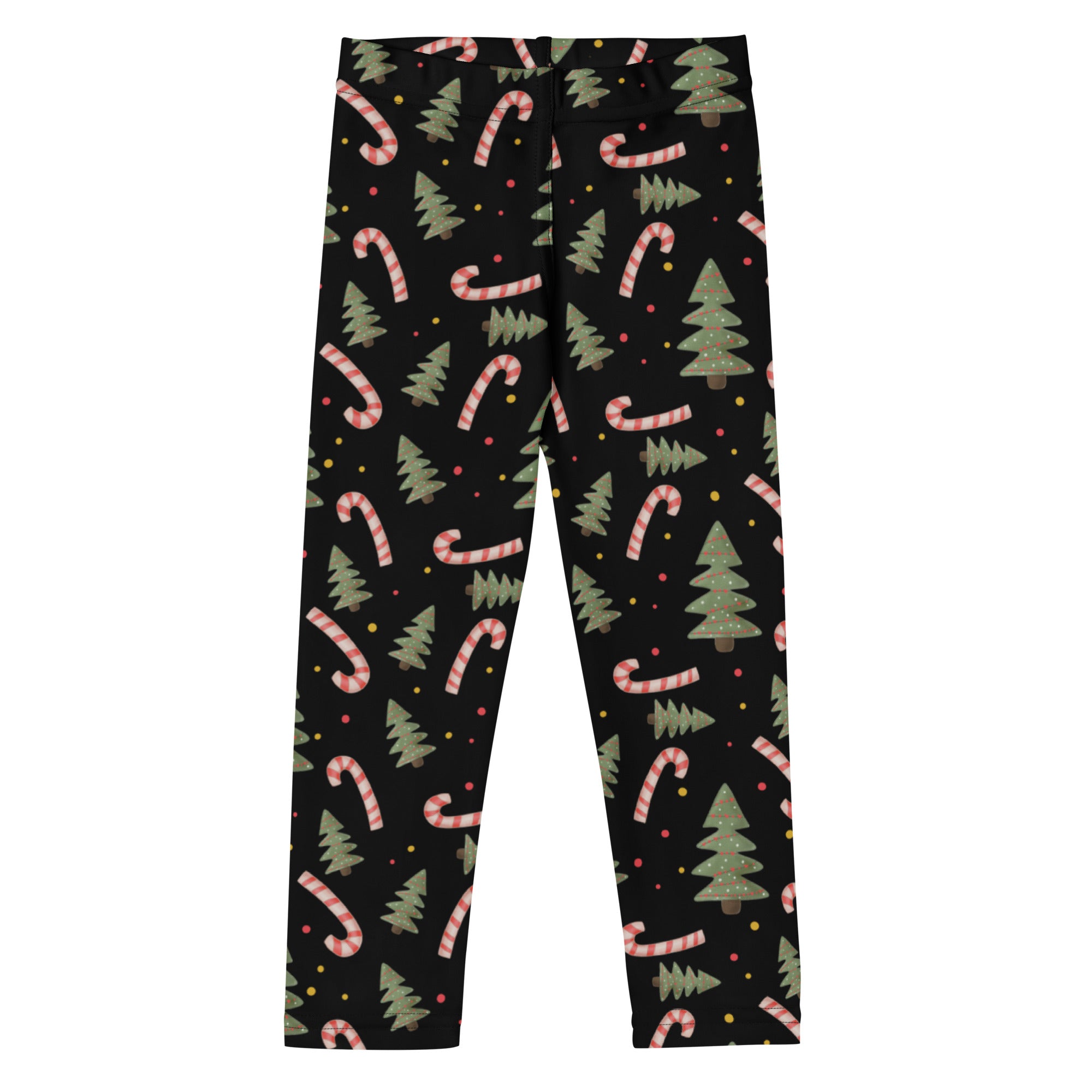 Kids christmas candy canes and trees buttery soft black leggings with festive pink striped candy canes and green pine trees