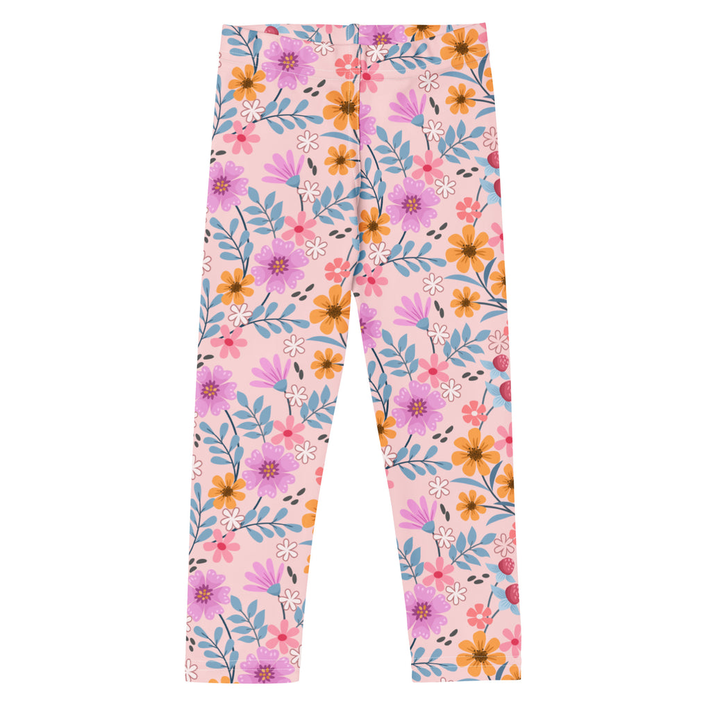 Girls pink floral buttery soft leggings featuring a vibrant pattern of purple orange and blue flowers on soft pink