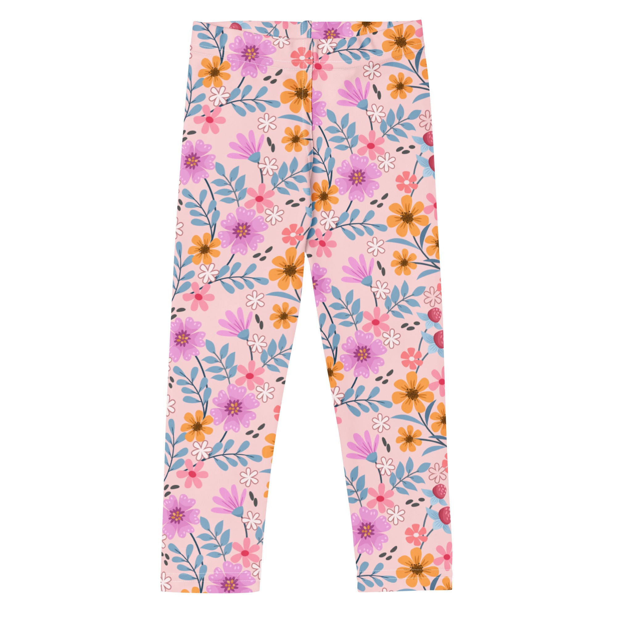 Girls pink floral buttery soft leggings featuring a vibrant pattern of purple orange and blue flowers on soft pink